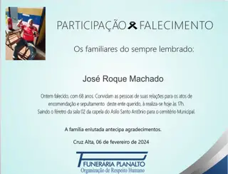 Falecimento, José Roque Machado, aos 68 anos 