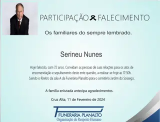 Falecimento, Serineu Nunes, aos 72 anos 