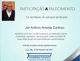 Falecimento, Jair Antônio Almeida Cardoso, aos 63 anos 