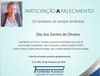 Falecimento, Zila dos Santos de Oliveira, aos 97 anos 