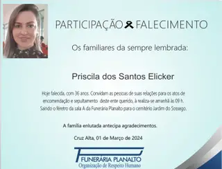 Falecimento, Priscila dos Santos Elicker, aos 36 anos 