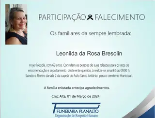 Falecimento, Leonilda da Rosa Bresolin, aos 69 anos 