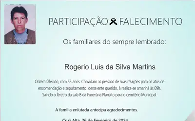 Falecimento, Rogerio Luis da Silva Martins, aos 55 anos 