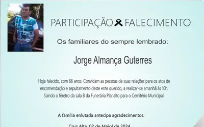 Falecimento, Jorge Almança Guterres, aos 66 anos 